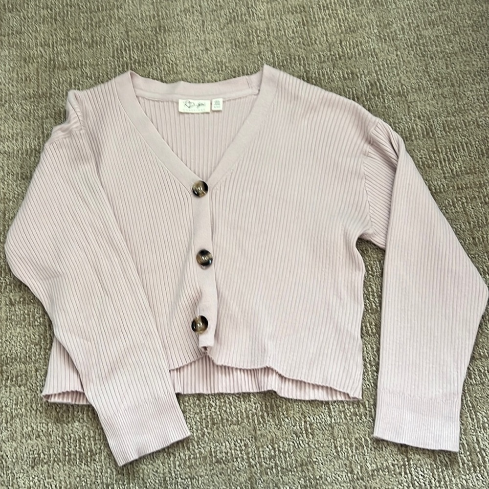 Pink, slightly cropped, button up sweater.
